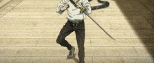 a man in a white shirt is holding a sword in his hands