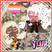 a picture of two cookie characters with yuri written in pink