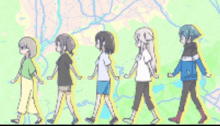 a group of girls are walking in a line with a map in the background