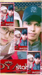 a collage of photos of a man and a woman with ny on their caps