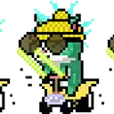 a pixel art drawing of a statue of liberty holding a sword and a hat .