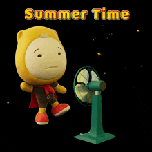 a cartoon character is standing next to a fan and the words summer time are above him