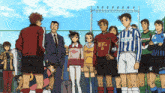 a group of soccer players are standing next to each other and one of them is wearing a big 8 jersey
