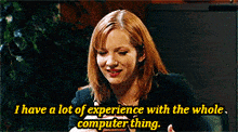 a woman in a black suit says i have a lot of experience with the whole computer thing