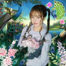 a girl is surrounded by peacocks and flowers and has the word lilly on the bottom right