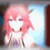 a blurry picture of a girl with pink hair and a white shirt