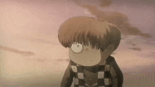 a cartoon character with a scarf around his neck is looking at something