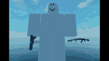 a white roblox character holding a gun with a smiley face on his face