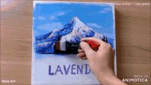 a painting of a mountain with the word lavend written on it