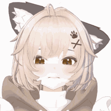 a close up of a girl 's face with a paw print and a cross on her forehead