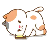 a cartoon cat is laying down with a cell phone in its paws .
