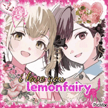 a picture of two anime girls with the words i love you lemonfairy on it