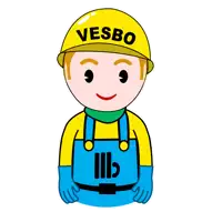 a cartoon drawing of a man wearing overalls and a yellow helmet that says vesbo