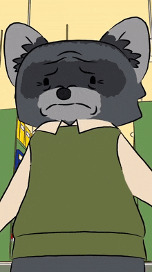 a cartoon drawing of a raccoon with a sad face