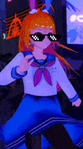 a cartoon girl wearing sunglasses and a sailor suit