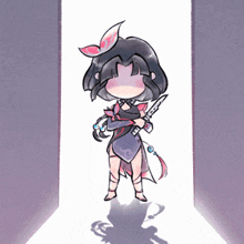 a drawing of a girl in a purple dress holding a knife