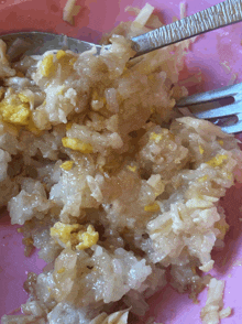 a pink bowl filled with rice and a fork