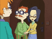 a couple of cartoon characters standing next to each other in front of a door with the number 11 on it
