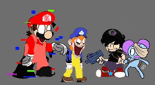 a group of cartoon characters are standing next to each other and one of them is holding a gun .