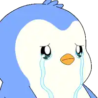 a blue and white penguin is crying with tears running down its face