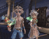 a boy and a girl are standing next to each other in a room