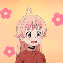 a cartoon girl with pink hair and purple eyes