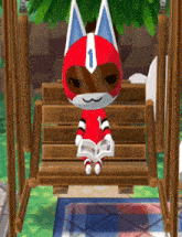 a cartoon cat with the number 1 on its head sits on a wooden swing