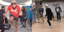 a man in a red shirt is jumping in the air while a group of people are dancing in a room .