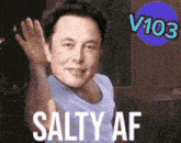 a man in a blue shirt with the words salty af on it