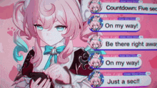a girl with pink hair and blue eyes is holding a cell phone in front of a screen that says countdown five sec