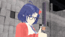 a girl with blue hair and glasses holds a sword and gives a thumbs up