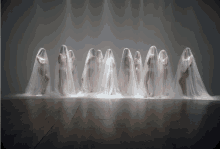 a group of women are standing in a row covered in white sheets