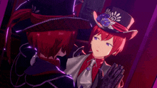 a red haired anime character is wearing a top hat and gloves