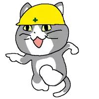 a cartoon cat is wearing a yellow hard hat with a green cross on it