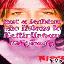 a picture of a woman with red hair and the words just a lesbian who listens to keith urban religiously