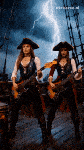 two women dressed as pirates are playing guitars in front of a lightning bolt