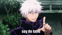 a white haired anime character giving a thumbs up with the words soy de latte below him