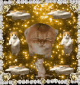 a picture of a cat playing a trumpet with other cats around it