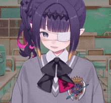 a girl with purple hair and a patch on her chest