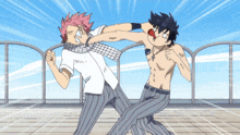 a cartoon of a man with a scarf around his neck fighting another man without a shirt