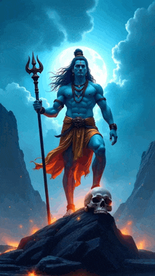 a painting of lord shiva holding a trident standing next to a skull