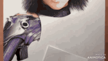 a poster for a movie called alita shows a woman with a purple arm .