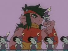 a cartoon drawing of a man standing next to a row of small cartoon characters with the letters c.c. on them