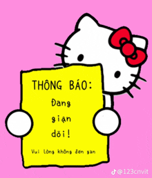 a hello kitty holding a yellow sign that says " thông báo "