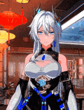 a girl with long white hair and a blue pendant on her neck