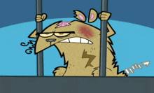 a cartoon dog with a bandage on his head is in a jail cell