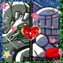 a picture of two cartoon characters with the words just kiss already
