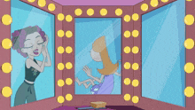a cartoon of two girls looking at their reflection in a mirror
