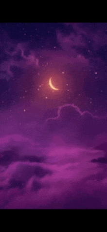 a purple sky with a crescent moon and clouds