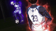 a soccer player with the number 23 on his back kicks a soccer ball